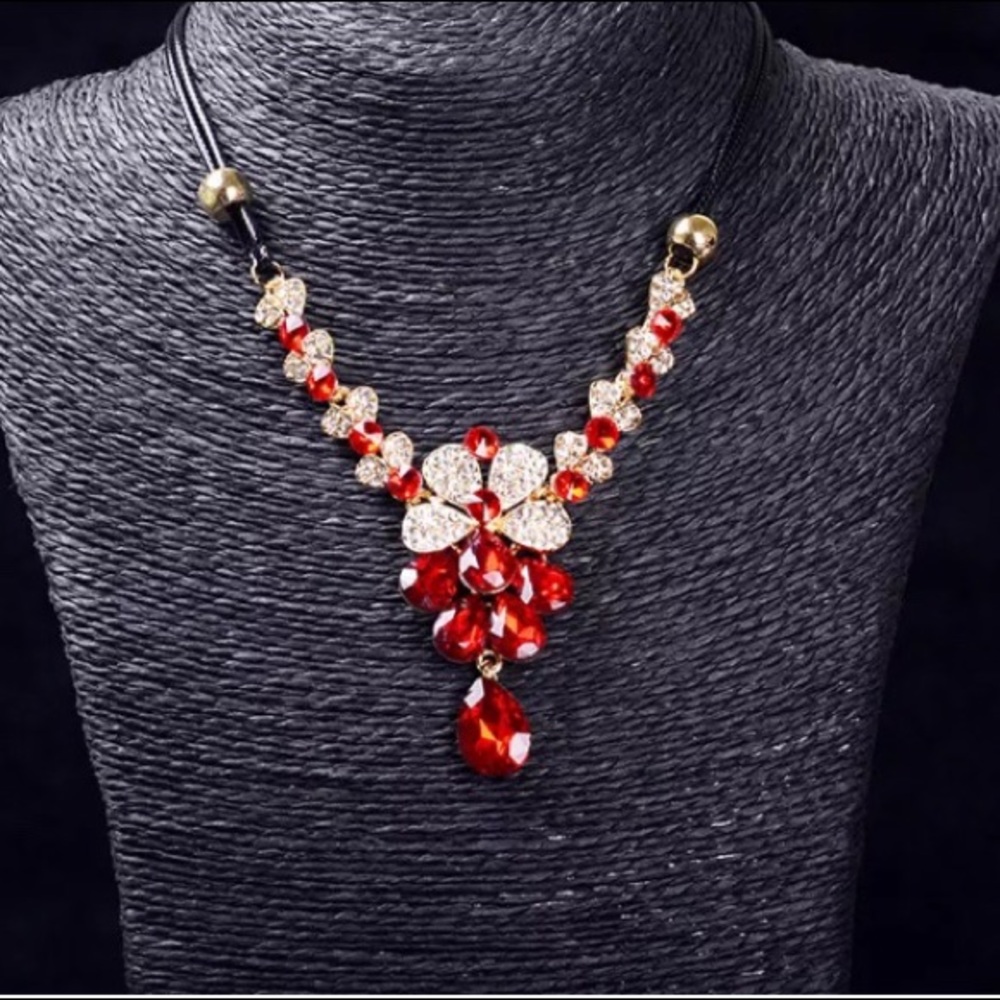 Ruby Red & Crystal Rhinestone Necklace - Picture 1 of 8